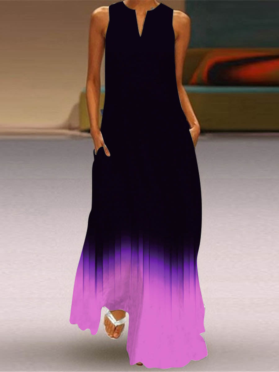 Contrast Color Pockets Printed Split-Joint A-Line Loose V-Neck Maxi Dresses