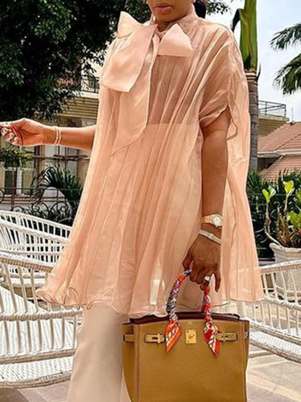 Gauze Lace-Up Pleated See-Through Solid Color Split-Joint Batwing Sleeves Loose Stand Collar Blouses&Shirts Tops