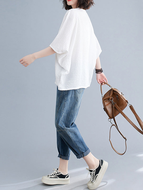 Solid Color Split-Joint Batwing Sleeves Loose Round-neck T-Shirts Tops