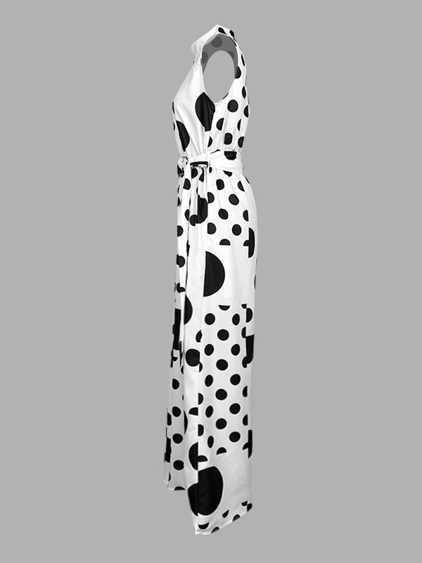 High Waisted Sleeveless Polka-Dot Mock Neck Jumpsuits