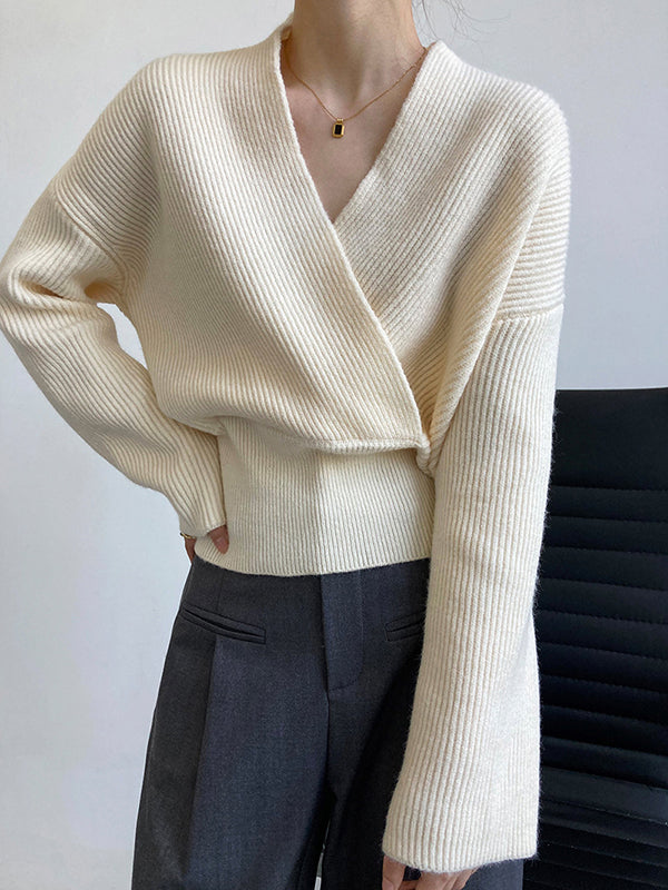 Casual Long Sleeves Loose Solid Color Cross V-Neck Sweater Tops