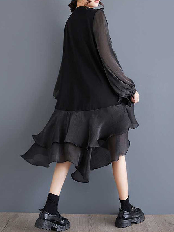 Contrast Color Ruffle Trim Split-Joint High-Low Long Sleeves Round-Neck Midi Dresses