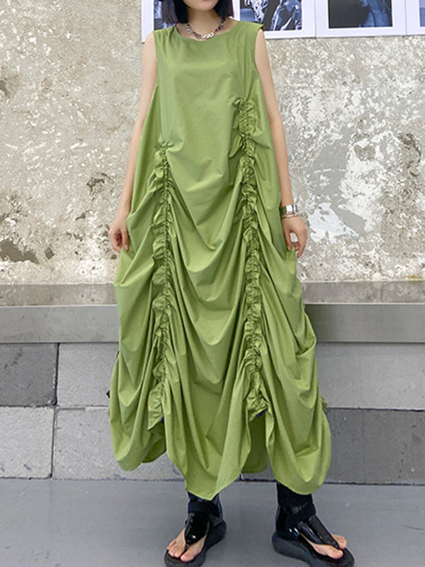 Pleated Solid Color Loose Sleeveless Round-neck Midi Dresses