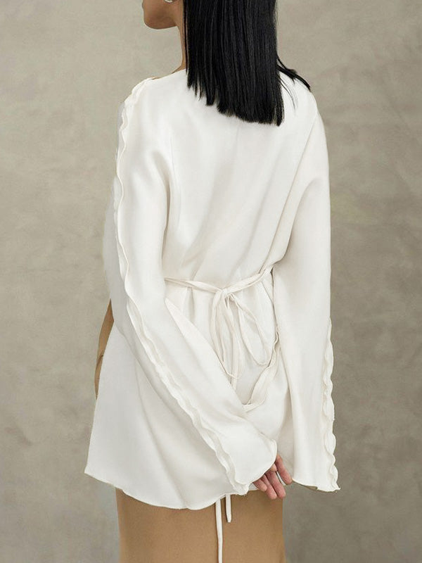 Solid Color Split-Joint Tied Flared Sleeves Long Sleeves Round-neck T-Shirts Tops