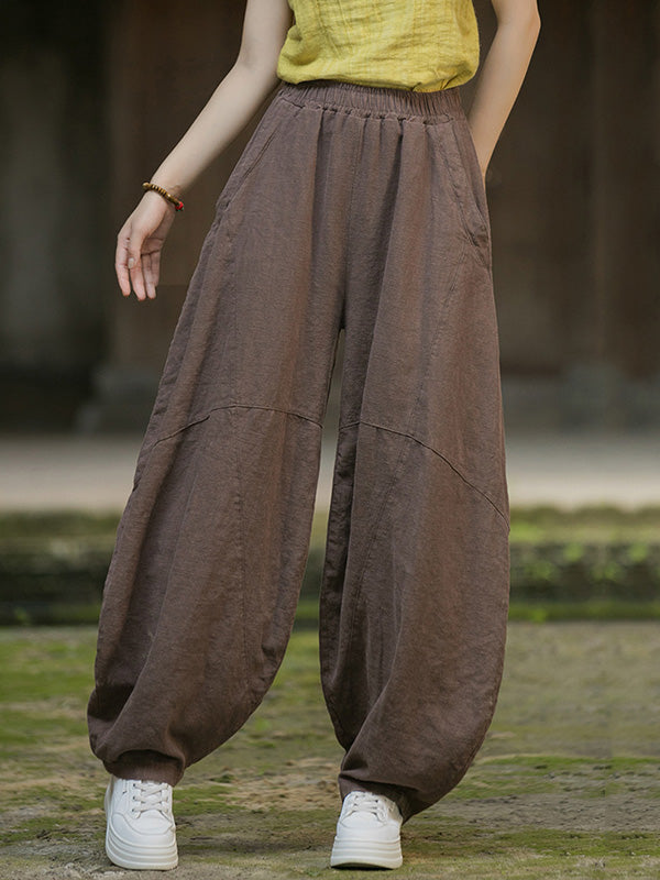 Elasticity Pockets Solid Color Split-Joint Loose Pants Cropped Trousers