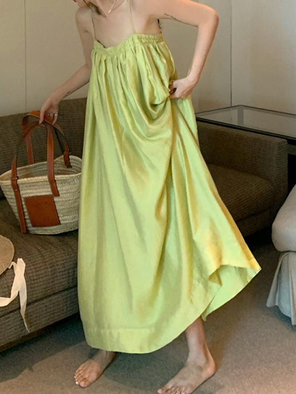 Pleated Solid Color Loose Sleeveless Spaghetti-Neck Slip Dress Midi Dresses