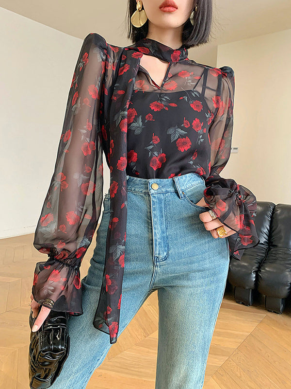 Elasticity Flower Print Mesh Tied Flared Sleeves Long Sleeves V-Neck Blouses&Shirts Tops