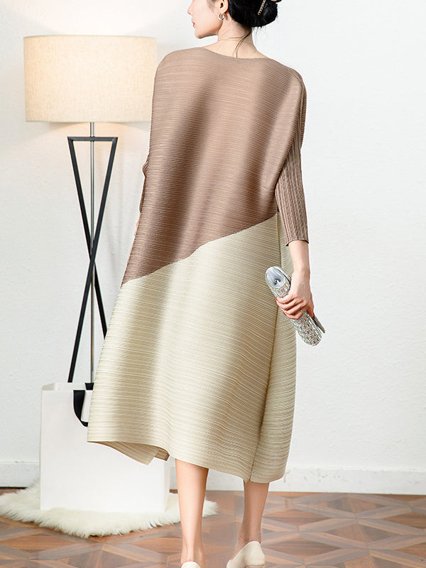 Original Contrast Color Split-Joint Round-Neck Pleated Midi Dress