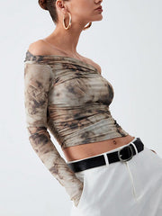 Pleated Split-Joint Tie Dye Long Sleeves Skinny Off-the-shoulder T-Shirts Tops