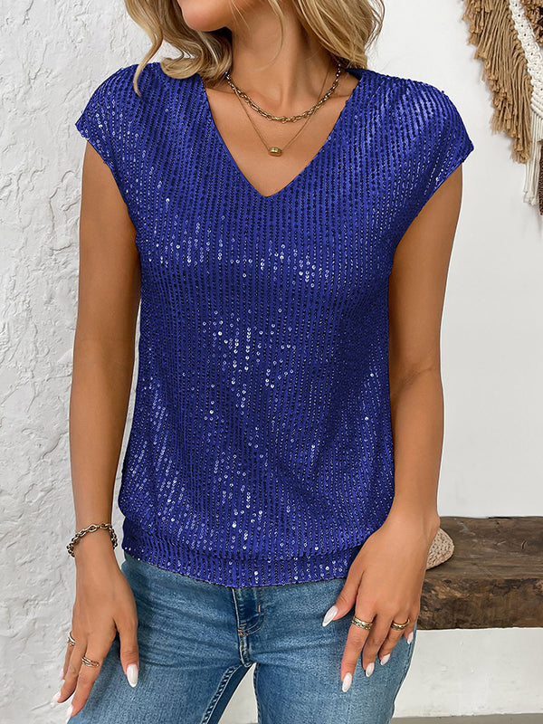 Sequined Shiny Batwing Sleeves Loose V-Neck T-Shirts Tops