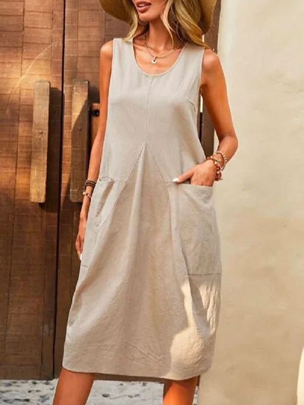 Pleated Solid Color Split-Joint Loose Sleeveless Round-Neck Midi Dresses