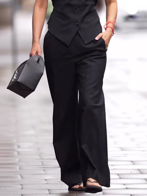 High Waisted Straight Leg Solid Color Pants