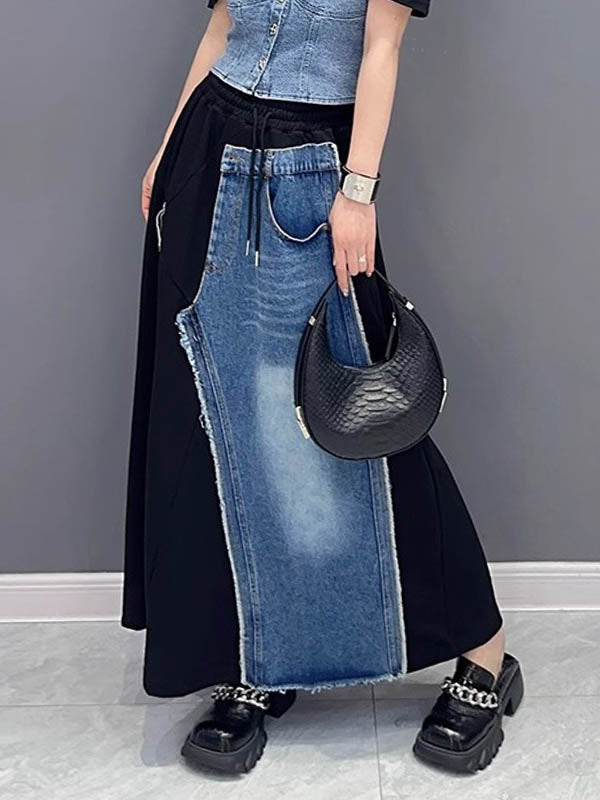 Asymmetric Drawstring Elasticity Pockets Split-Joint A-Line Loose Skirts Bottoms