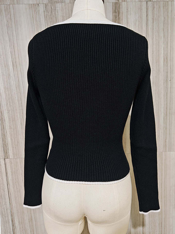 Pleated Split-Joint Long Sleeves Skinny V-Neck Sweater Tops