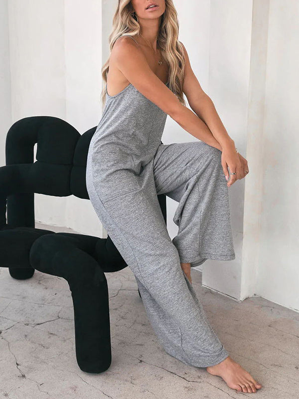 Pockets Solid Color Split-Joint Loose Sleeveless Round-Neck Jumpsuits