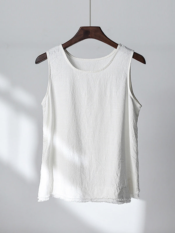 Fringed Solid Color Loose Sleeveless Round-Neck Vest Top