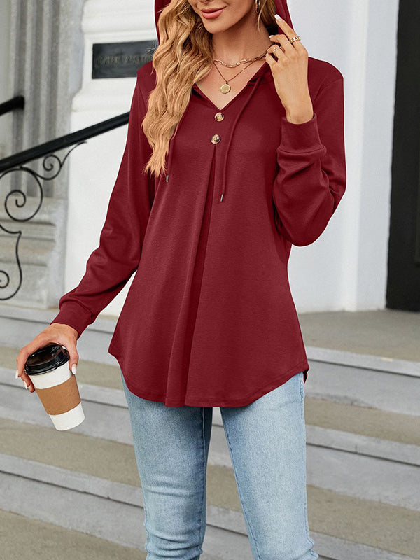 Buttoned Drawstring Hooded Solid Color Long Sleeves Loose V-Neck T-Shirts Tops