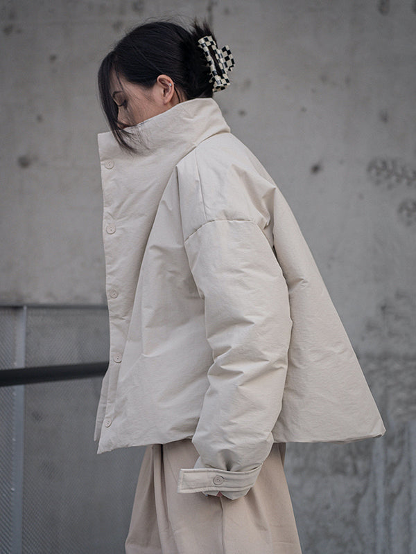 Urban Long Sleeves Buttoned Asymmetric Solid Color Stand Collar Padded Coat