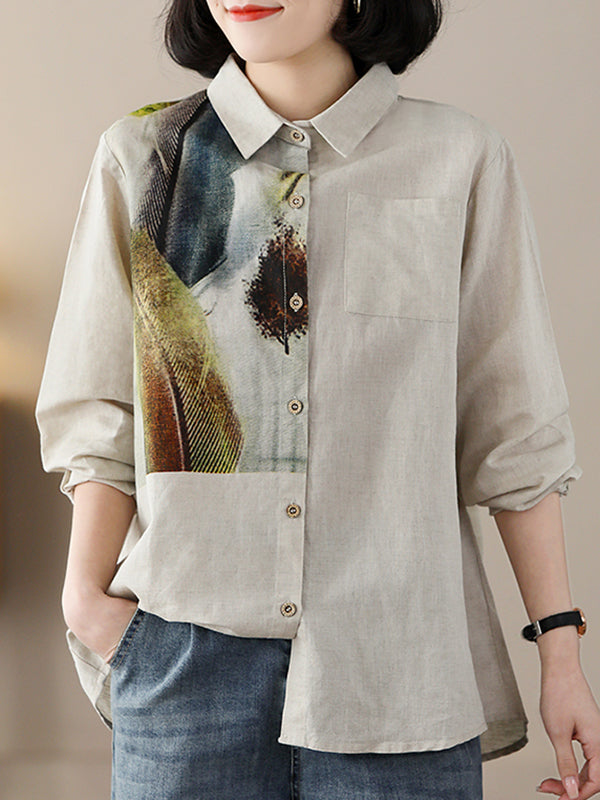 Contrast Color Feathers Printed Long Sleeves Loose Lapel Blouses