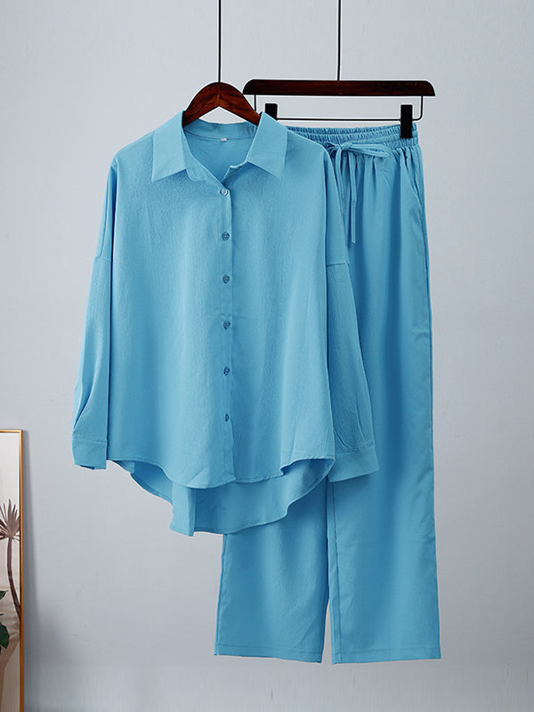 Solid Color Split-Joint High-Low Long Sleeves Buttoned Lapel Blouses + Drawstring Pants Two Pieces Set