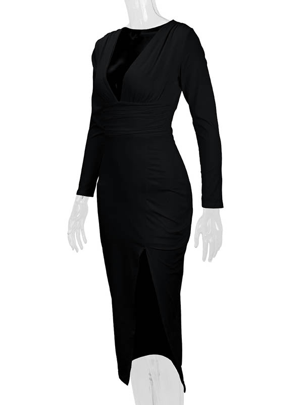 Pleated Solid Color Split-Joint Split-Side Bodycon Elasticated Waist Deep V-Neck Midi Dresses