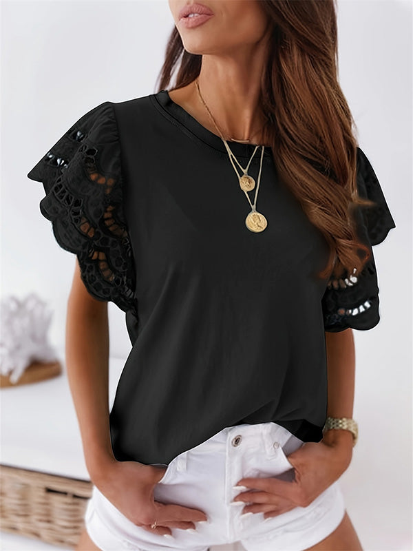 Hollow Pleated Solid Color Loose Ruffle Sleeves Round-Neck T-Shirts Tops