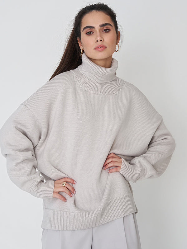 Casual Long Sleeves Loose Solid Color High-Neck Sweater Tops
