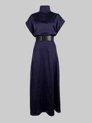 Loose Raglan Sleeve Solid Color Split-Joint Tied Waist High Neck Maxi Dresses