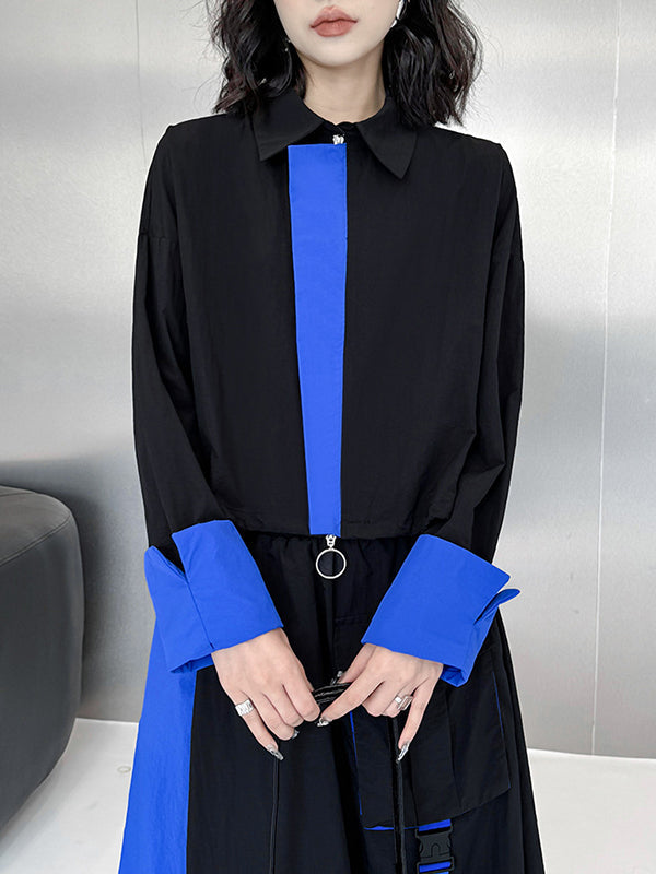 Asymmetric Contrast Color Split-Joint Lapel Blouses&Shirts Tops + A-Line Elasticated Waist Pockets Streamer Skirts Bottoms Two Pieces Set