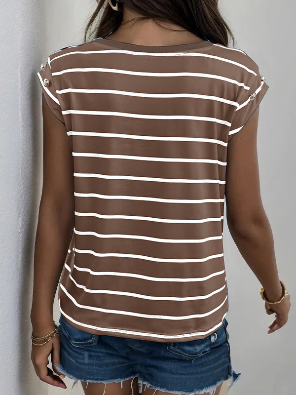 Split-Joint Striped Loose Short Sleeves Round-Neck T-Shirts