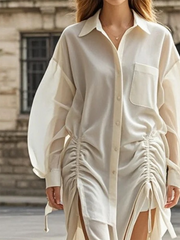 Long Sleeves Loose Buttoned Drawstring Pleated Pockets Solid Color Lapel Midi Dresses Shirt Dress