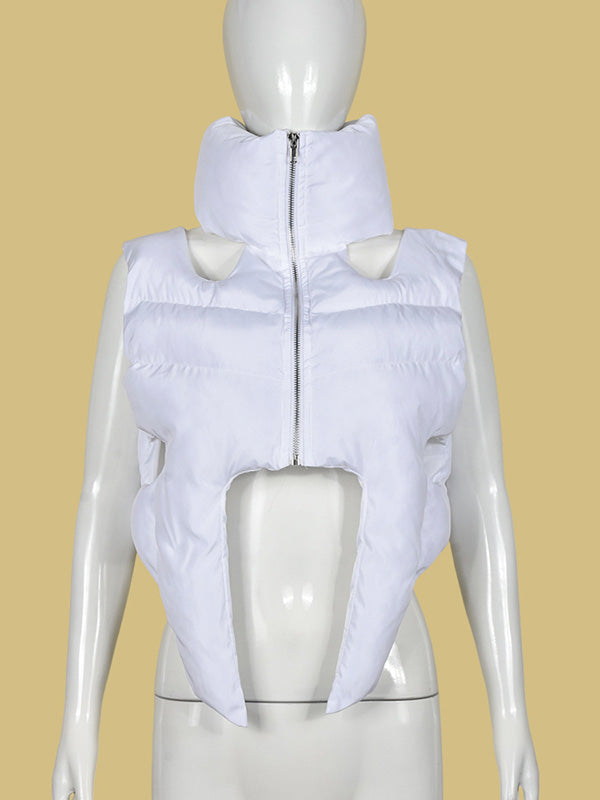 Hollow Solid Color Zipper Loose Sleeveless Stand Collar Padded Vest