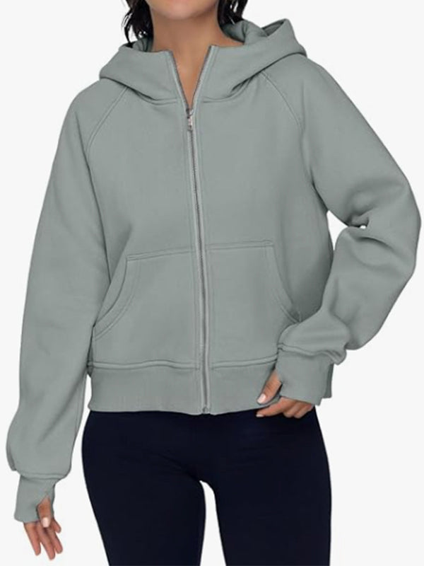 Pockets Solid Color Zipper Hooded Long Sleeves Outerwear Jackets