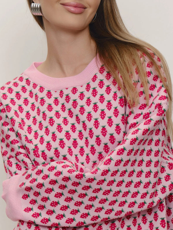 Pleated Split-Joint Long Sleeves Loose Round-Neck Sweater Tops