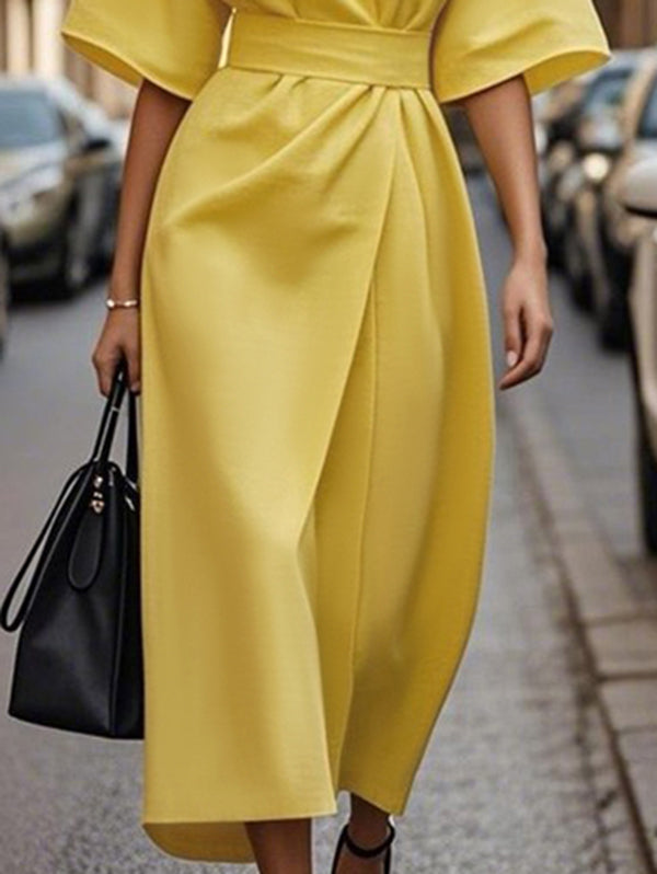 Pleated Solid Color Split-Joint Loose Short Sleeves Round-Neck Midi Dresses