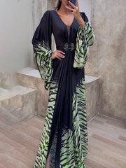 Mesh Split-front Flared Sleeves V-neck Maxi Dresses Evening Dresses