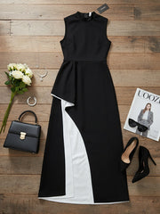 Contrast Color Irregular Clipping Skinny Round-Neck Maxi Dresses