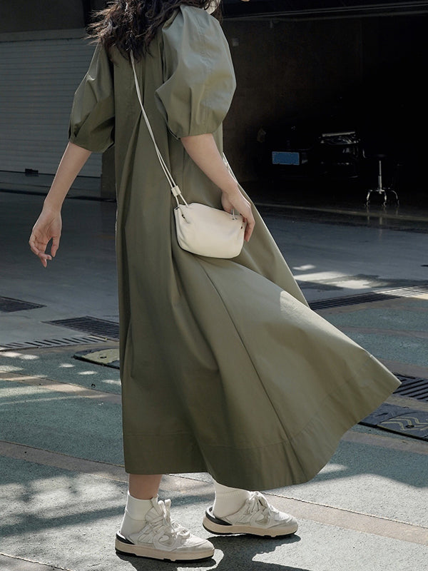 Solid Color Loose Puff Sleeves Round-Neck Midi Dresses