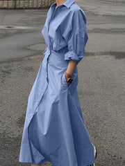 Pleated Solid Color Split-Joint Loose Puff Sleeves Lapel Shirt Dress Maxi Dresses
