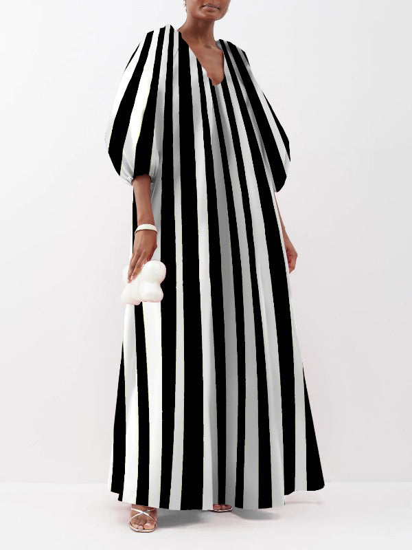 Striped Puff Sleeves Three-Quarter Sleeves V-Neck Maxi Dresses