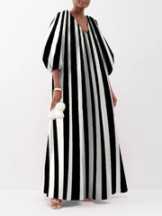 Striped Puff Sleeves Three-Quarter Sleeves V-Neck Maxi Dresses