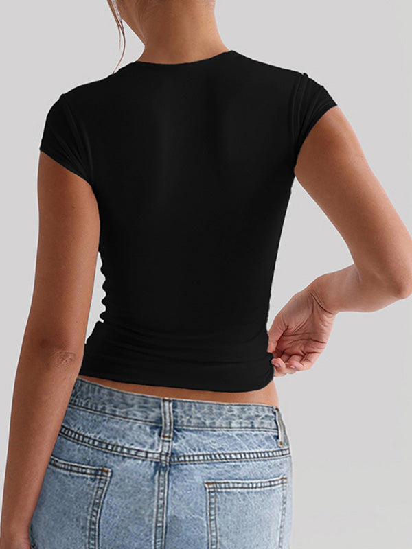 Solid Color Short Sleeves Skinny Square-Neck T-Shirts Tops