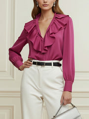 Ruffle Trim Solid Color Long Sleeves Loose V-Neck Blouses&Shirts Tops