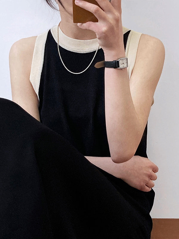 Contrast Color Loose Sleeveless Round-Neck Midi Dresses