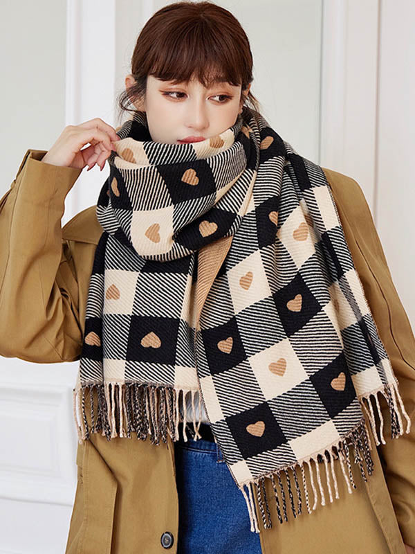 Casual Contrast Color Heart Plaid Jacquard Shawl&Scarf