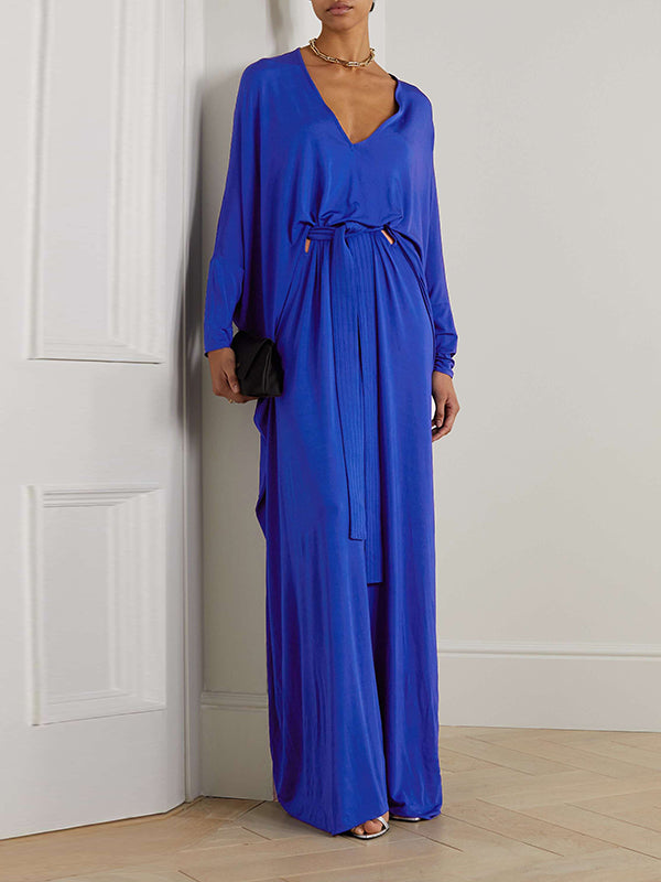 Batwing Sleeves Loose Solid Color V-Neck Maxi Dresses