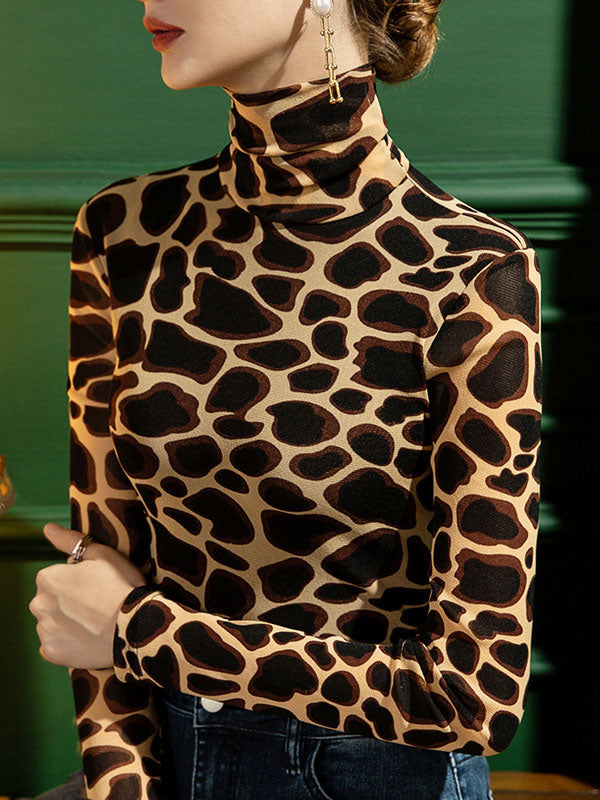 Leopard Long Sleeves Skinny High-neck T-Shirts Tops