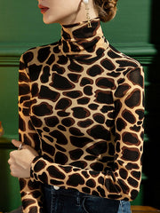 Leopard Long Sleeves Skinny High-neck T-Shirts Tops