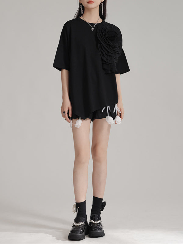 Asymmetric Solid Color Three-Dimensional Flower Loose Short Sleeves Round-Neck T-Shirts Tops