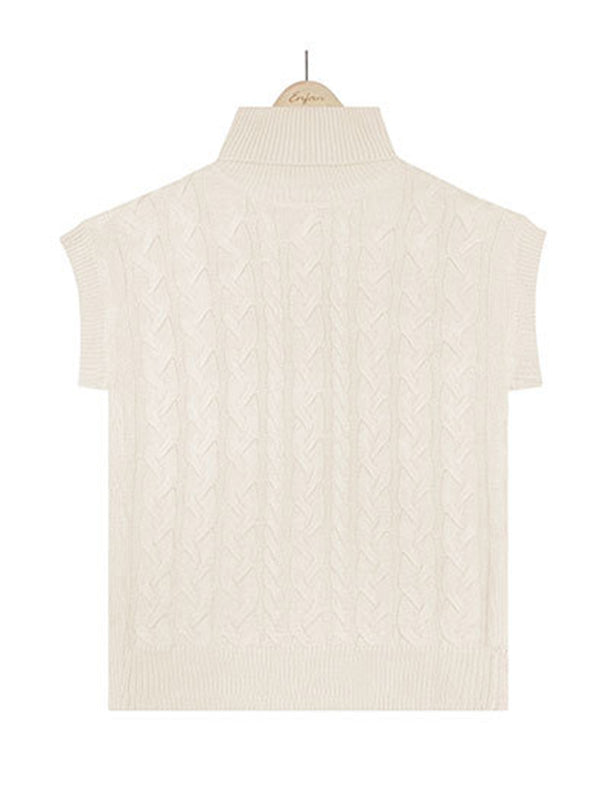 Casual Loose Short Sleeves Jacquard Solid Color High-Neck Sweater Tops Vest Outerwear